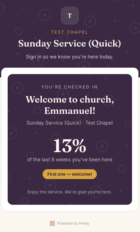 Pewly mobile check-in confirmation welcoming a Test Chapel member